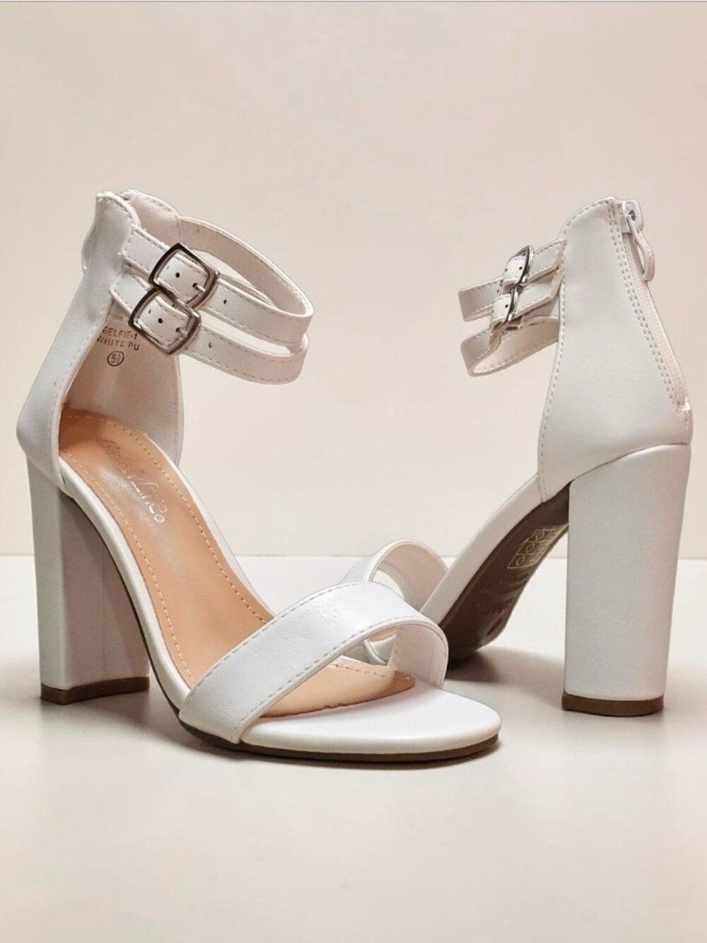 White Block Heel Sandals With Dual Ankle Straps & Back Zipper Closure Open Toe D